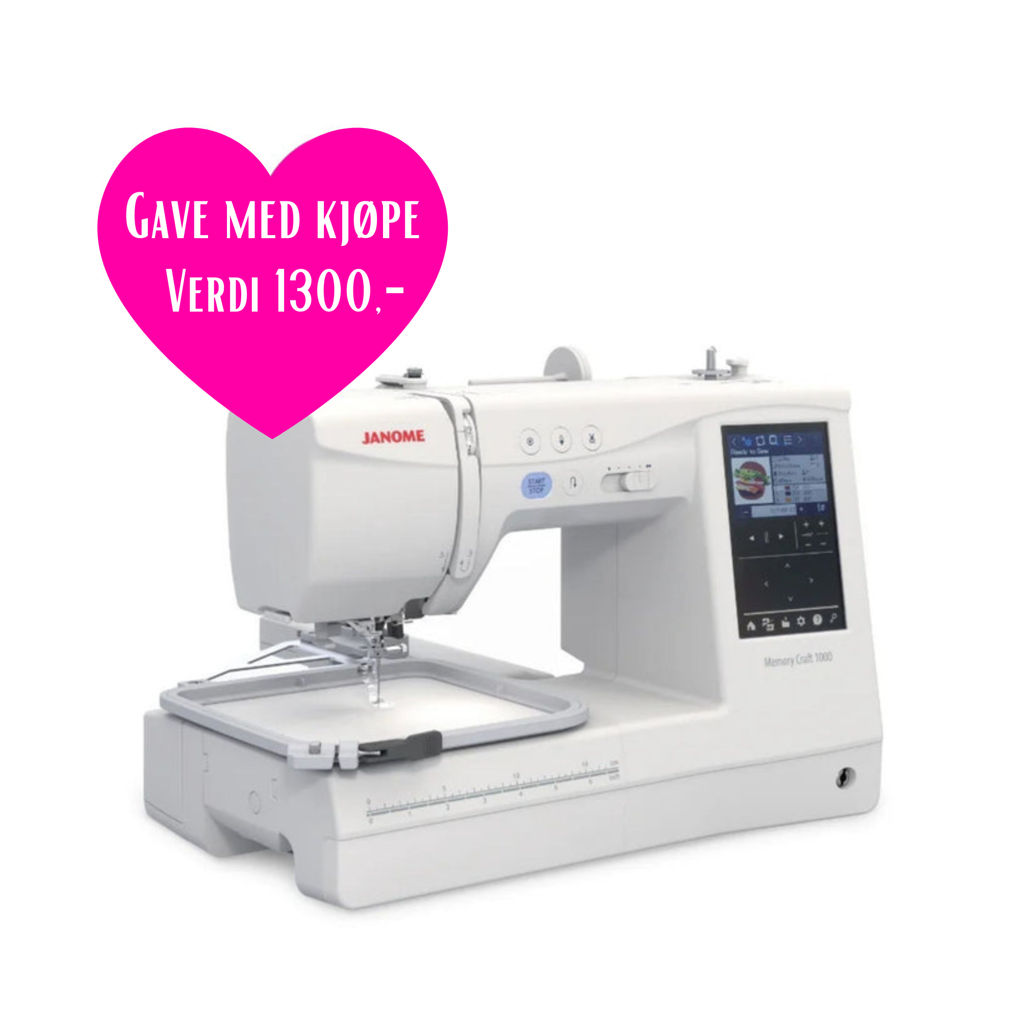 Kampanje- Janome Memory Craft 1000 Silky White Sy og Broderimaskin