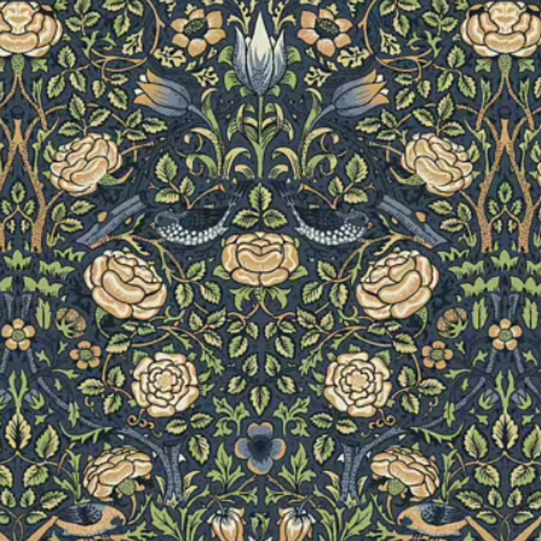 Kanvas - William Morris, blomster og fugler mørk blå