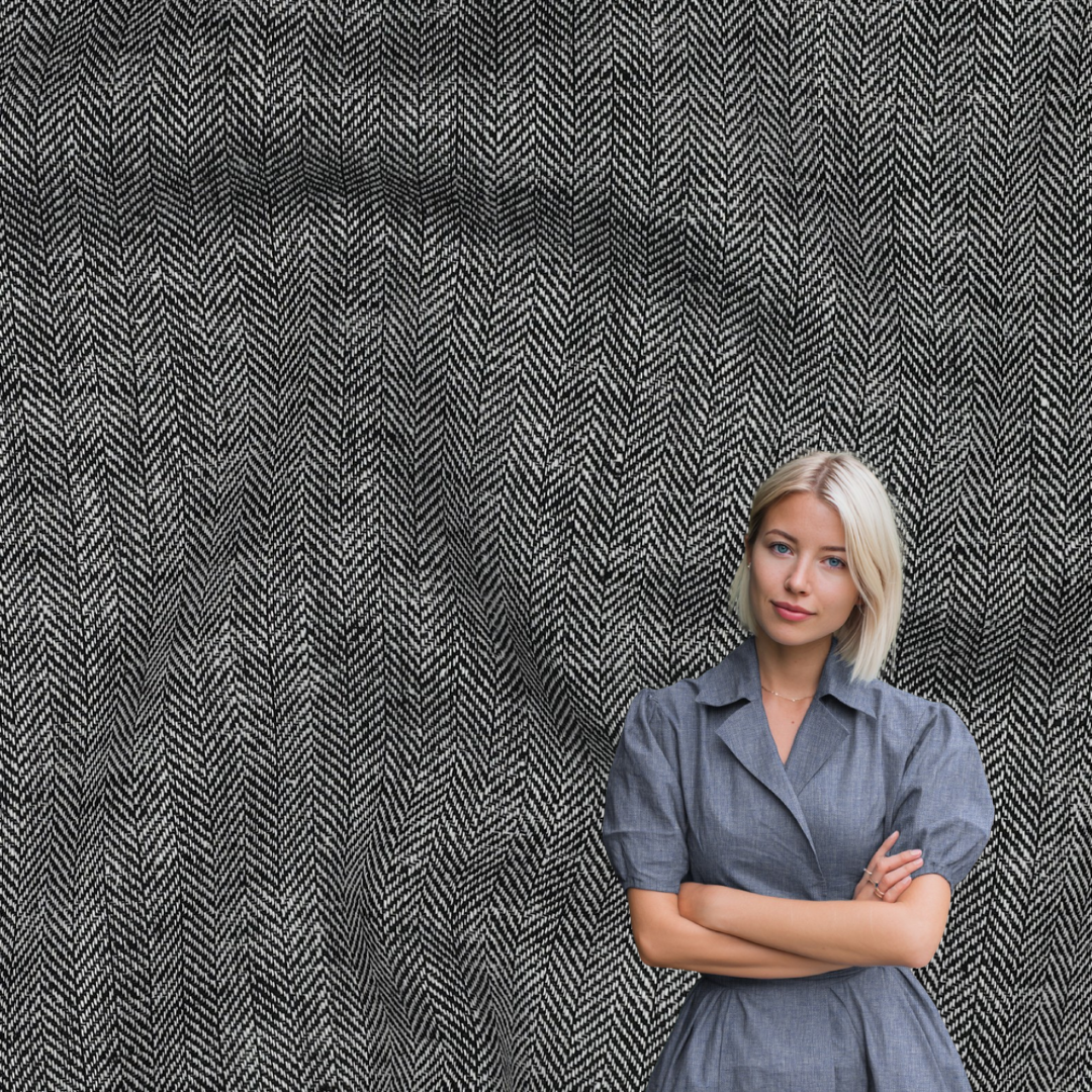 Linen Bomull - Fiskebeinsmønster, svart