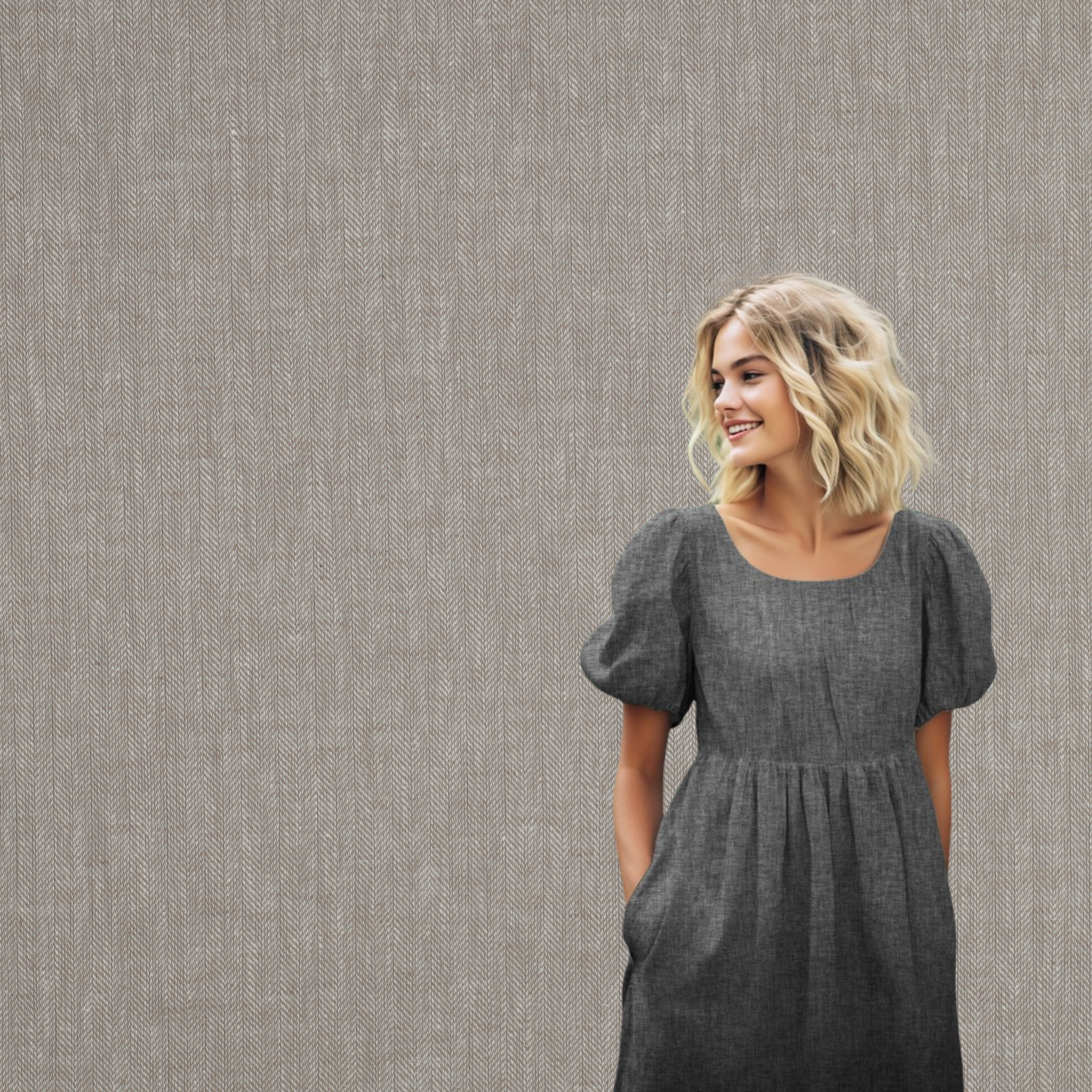 Linen Bomull - Fiskebeinsmønster - Beige