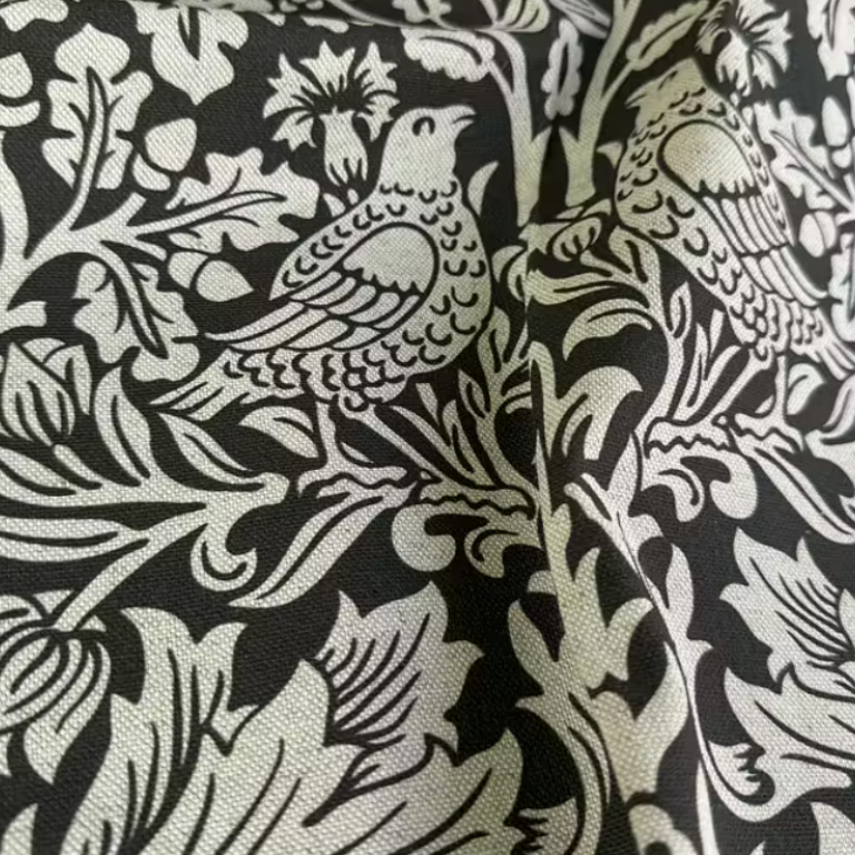 Møbelstoff Jacquard - William Morris Blomstrende fugler svart