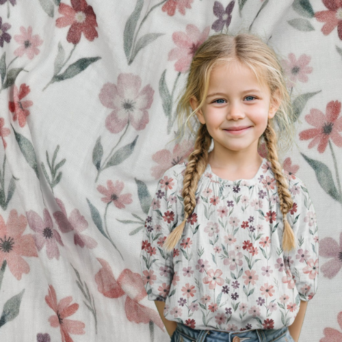 Musselin - Digital Blomster hvit