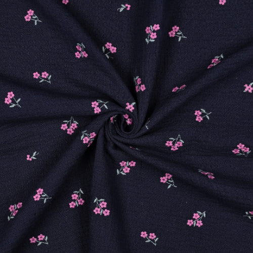 Musselin - Stripet - Brodert blomster mørk blå