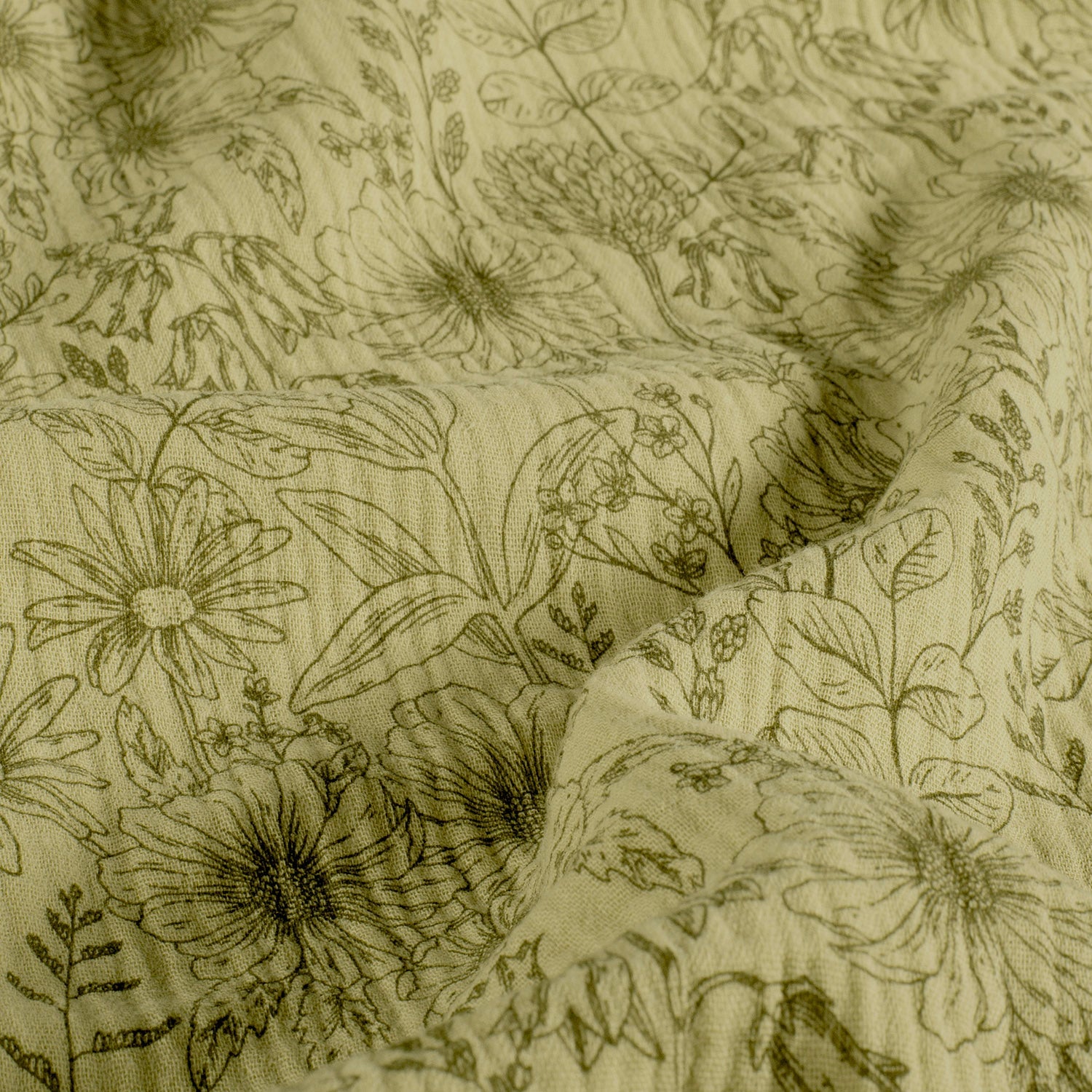 Musselin - Vintage Blomster Grønn Khaki