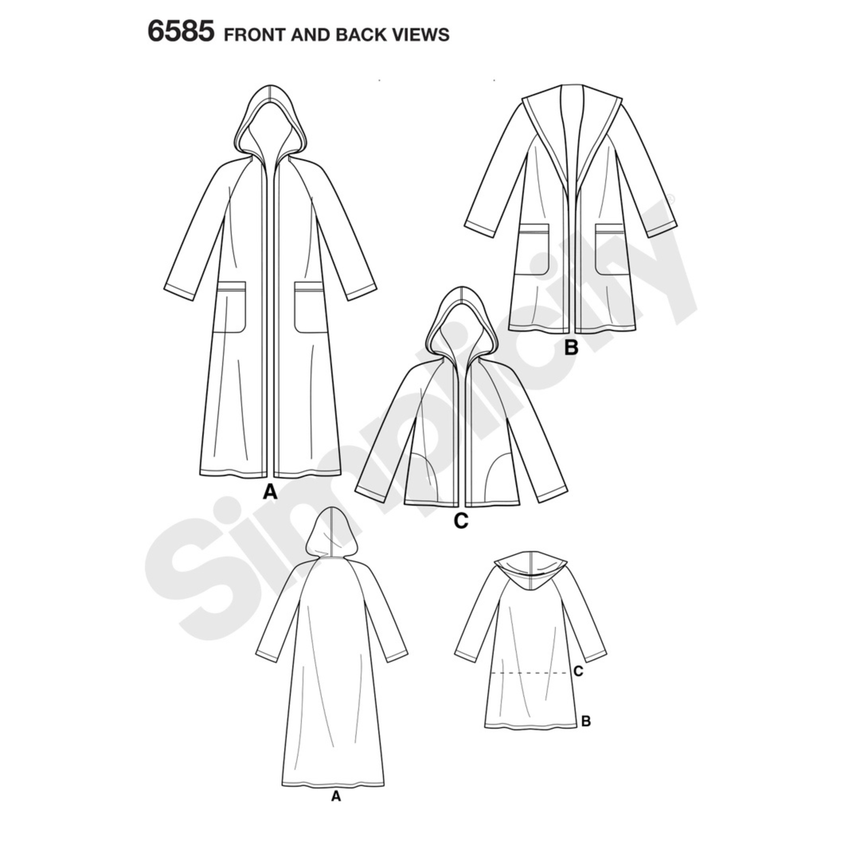 New Look - 6585  Dame Lang og kort kåpe med hette og lommer  str. XS-XL