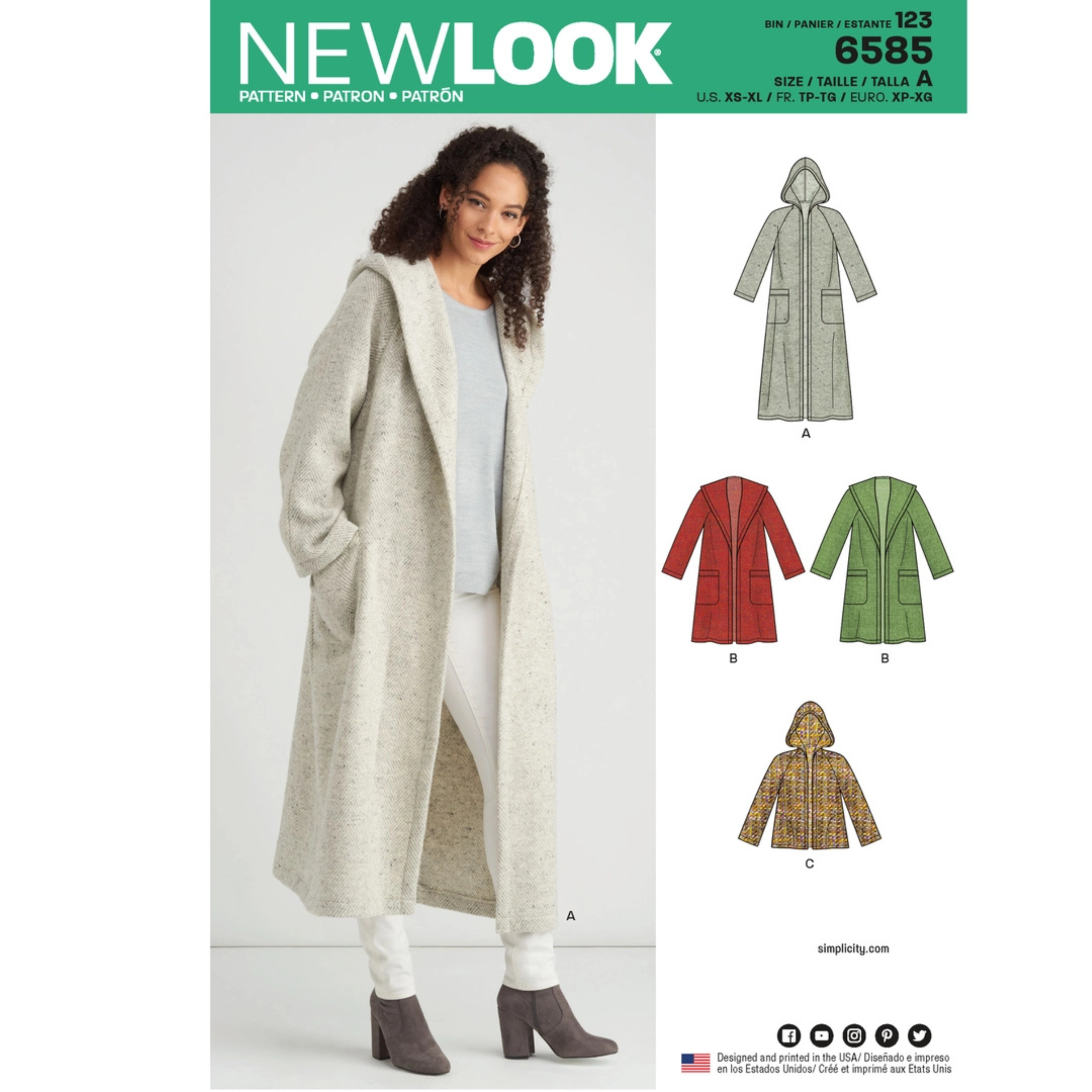 New Look - 6585  Dame Lang og kort kåpe med hette og lommer  str. XS-XL