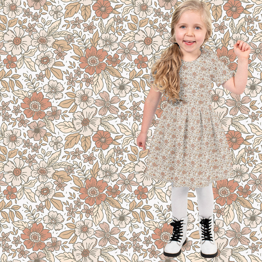 Poplin Bomull - Roses Line blomster, Beige