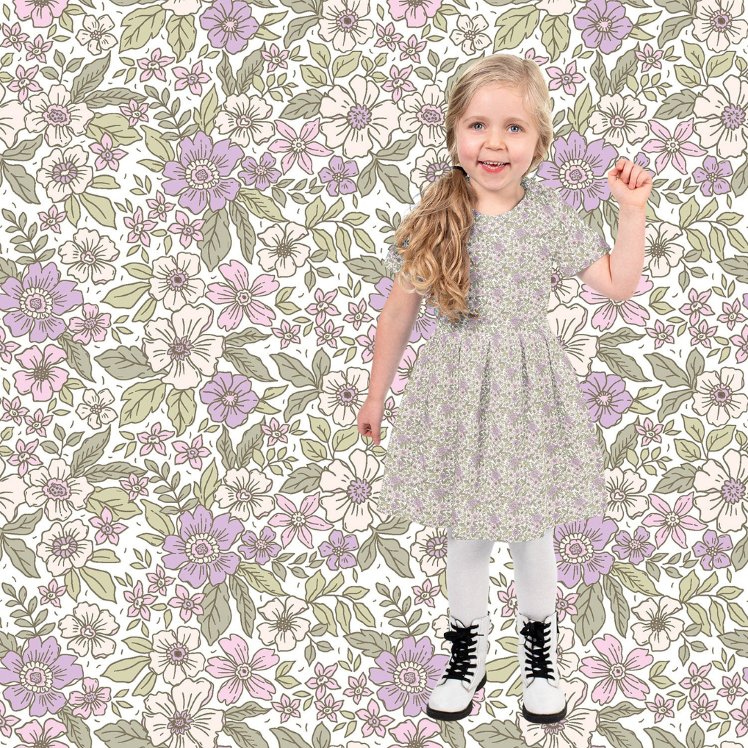 Poplin Bomull - Roses Line blomster, Beige lilla