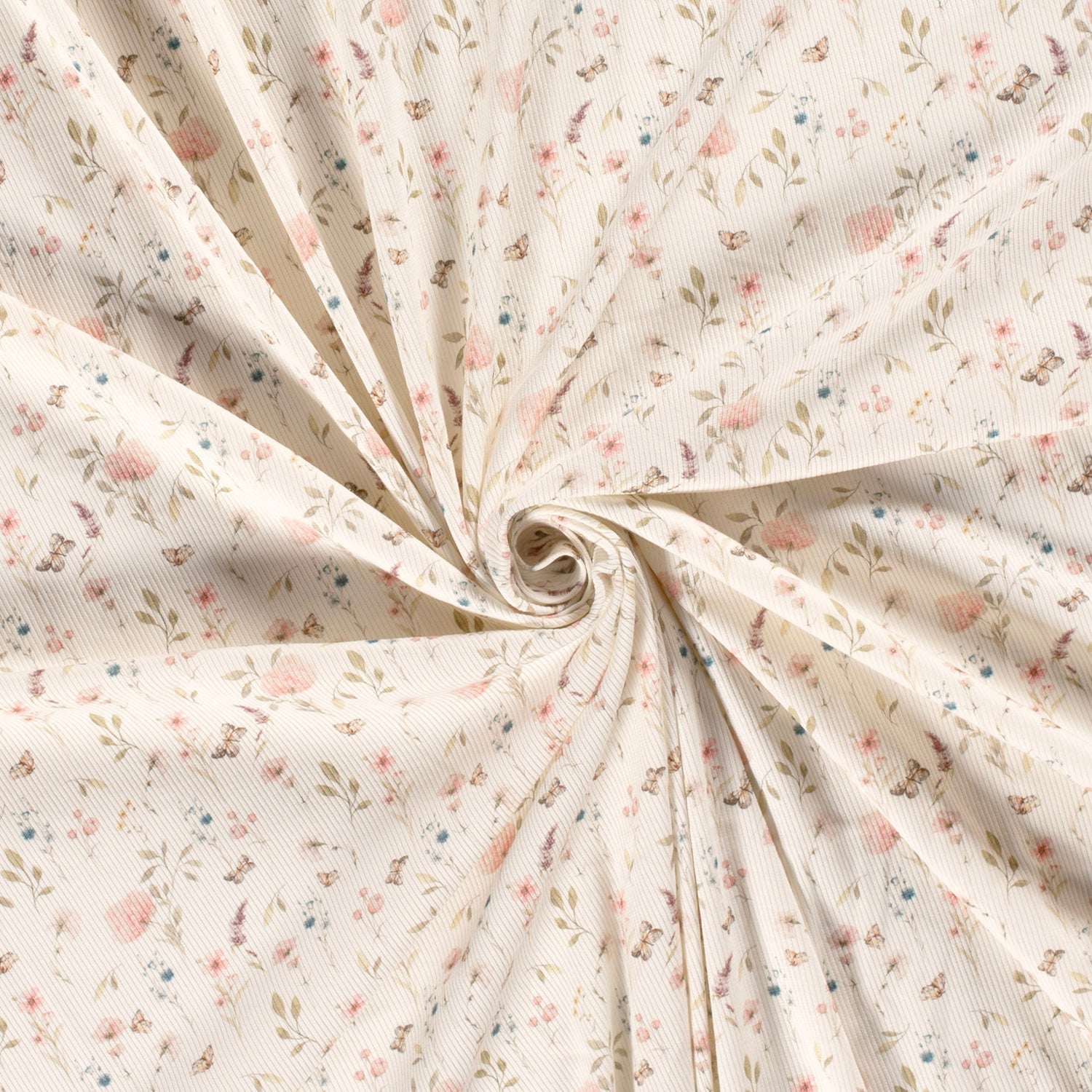 Ribbet Jersey - pastel Blomster og sommerfugler, Offwhite
