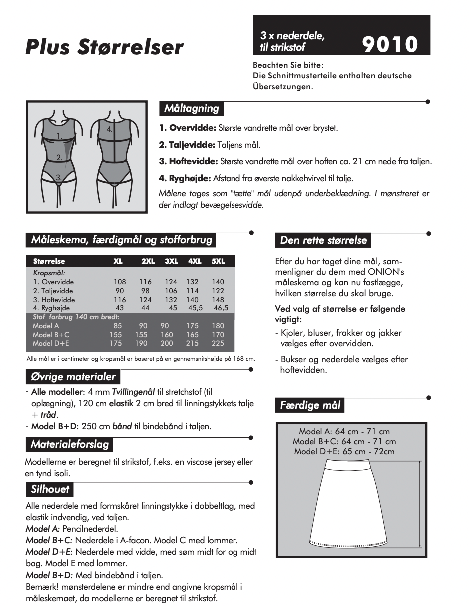 Onion 9010 - 3 x skjørt til strikket stoff, Plus-størrelser
