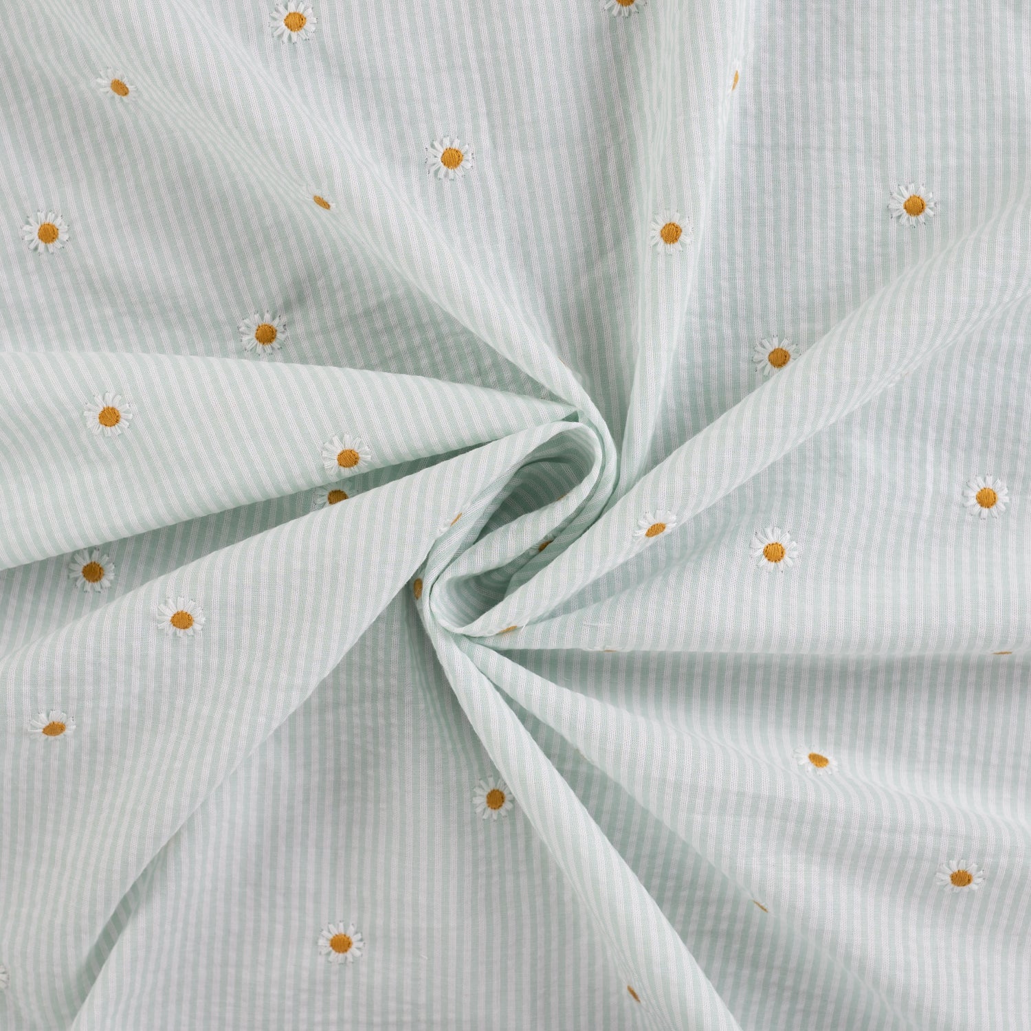 Seersucker Beklednings Bomull - Striper med broderi blomster lys mint