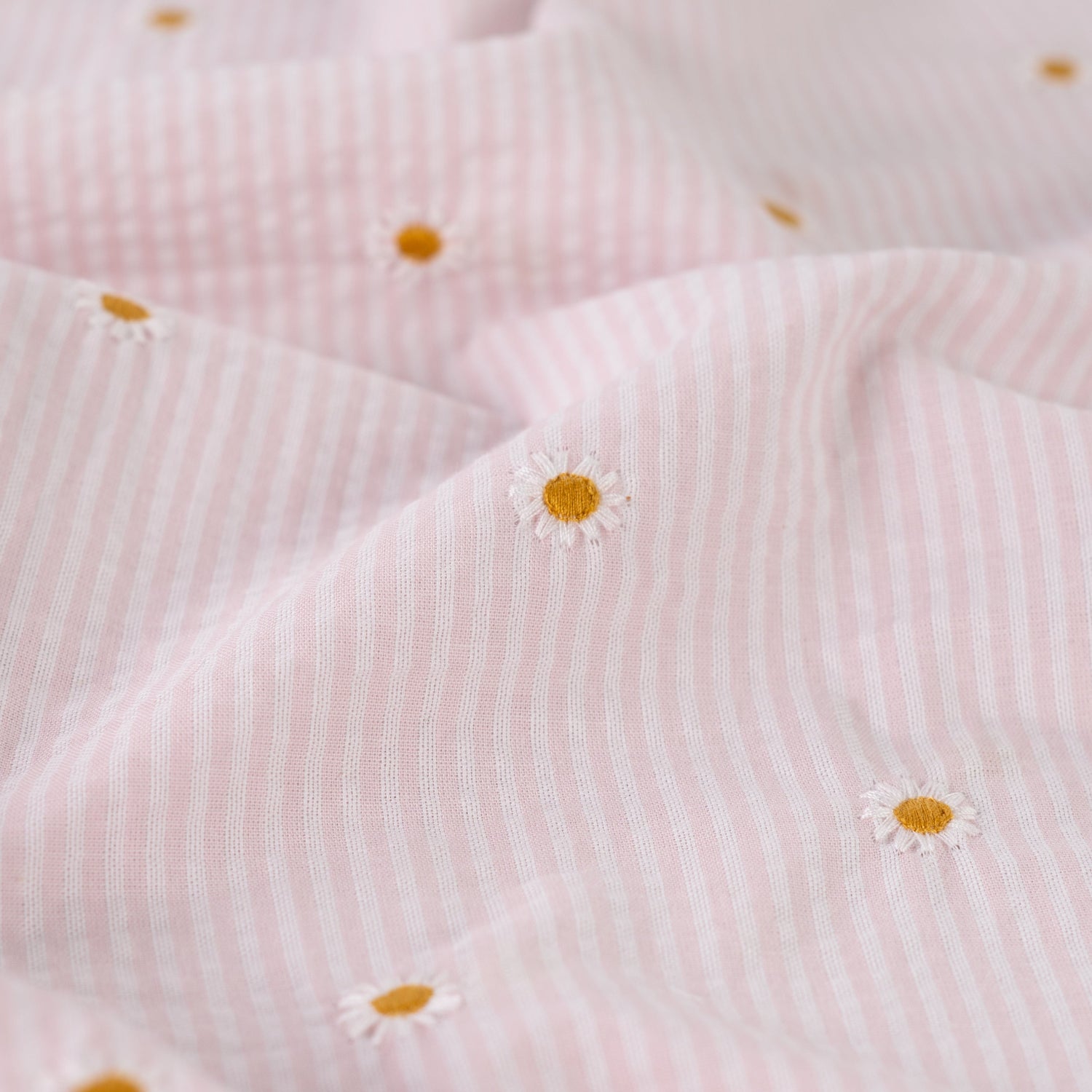 Seersucker Beklednings Bomull - Striper med broderi blomster lys rosa