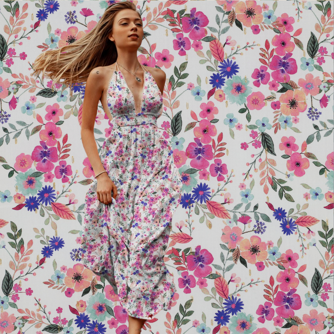 Vevd Viskose - Pastel blomster lurex hvit