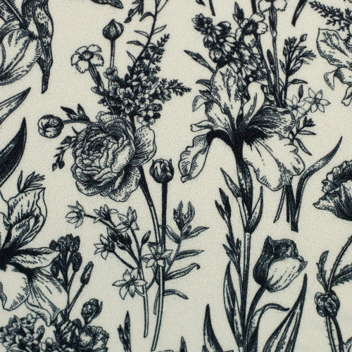 Vevd Viskose med stretch  blomster svart