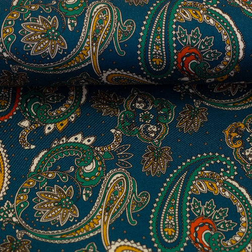 Vevd Viskose med stretch paisley petrol blå
