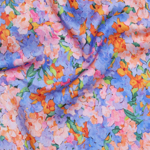 Viskose Sateng - Digital blomster blå