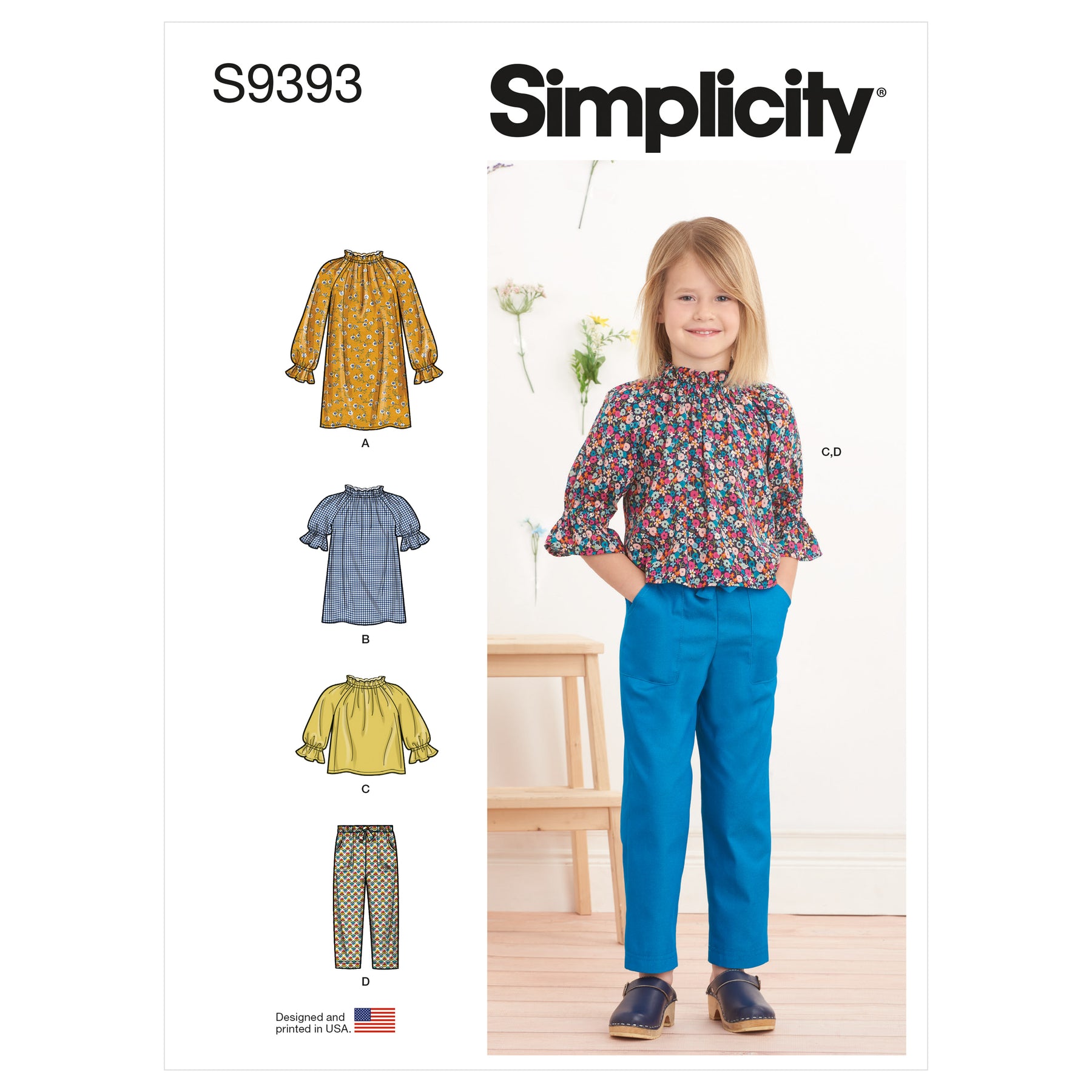 SIMPLICITY - 9393-A barnekjole, tunika, topp og bukse str.3-8år