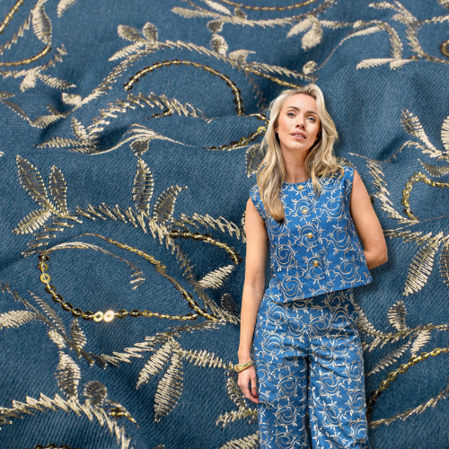 Denim Jacquard - Broderi Gull Blad, Mellom Blå