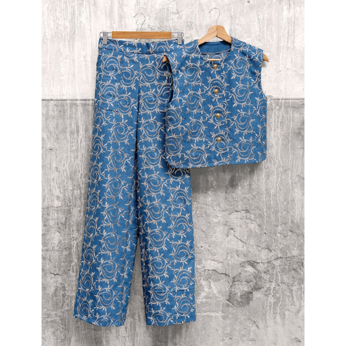 Denim Jacquard - Broderi Gull Blad, Mellom Blå