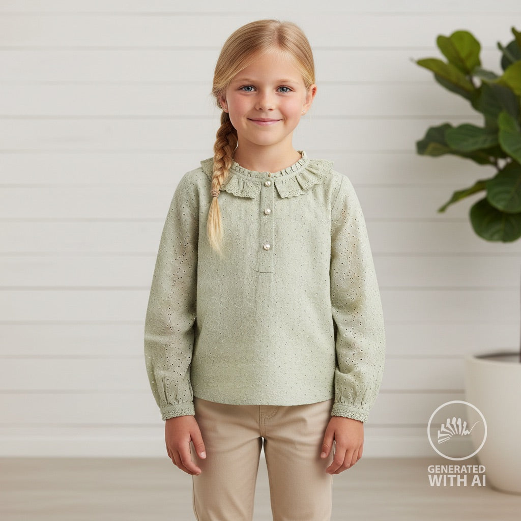 Engelsk Blonde Bomull - Blomster brodert lys grønn