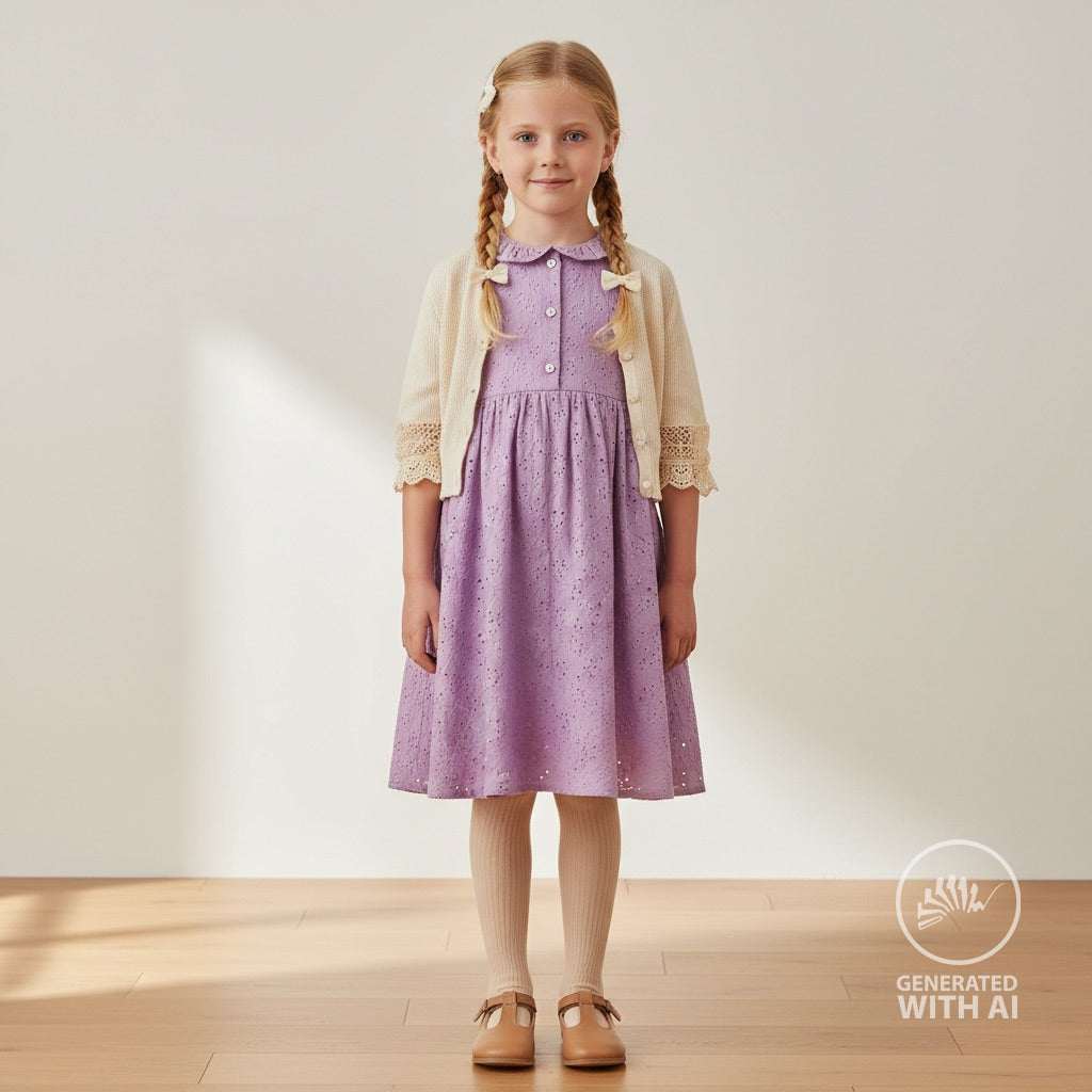 Engelsk Blonde Bomull - Blomster brodert lilla