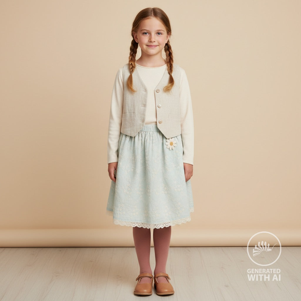Engelsk Blonde Bomull - Blomster brodert pastel mint