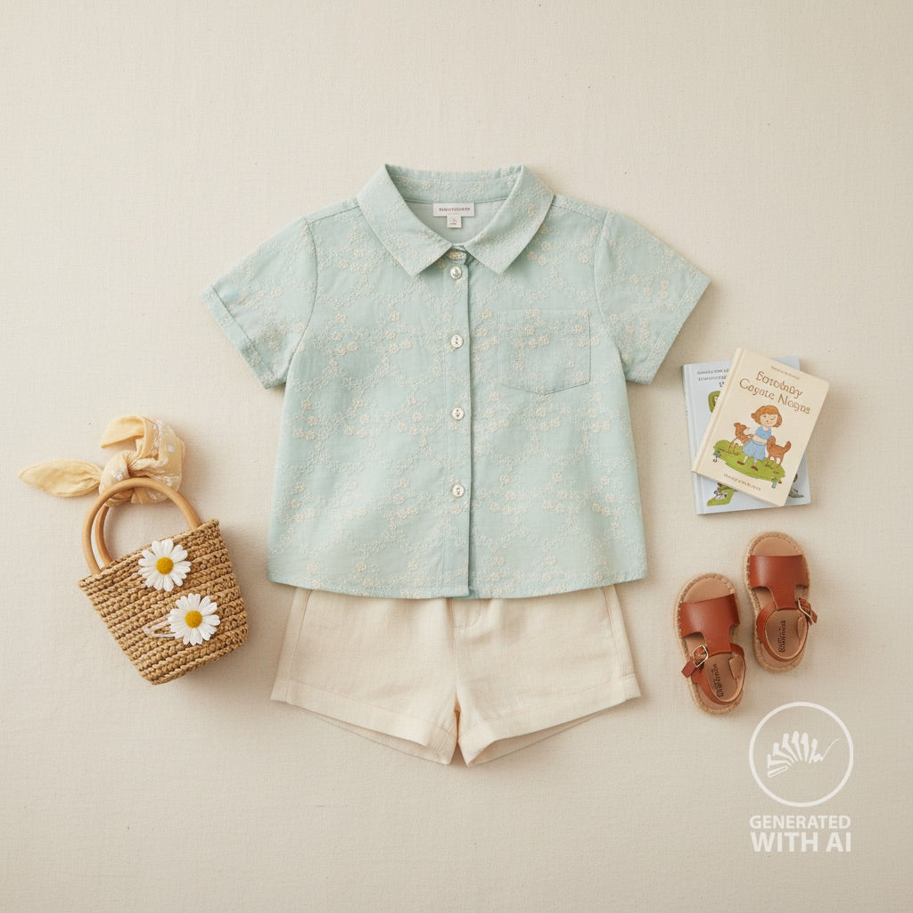 Engelsk Blonde Bomull - Blomster brodert pastel mint