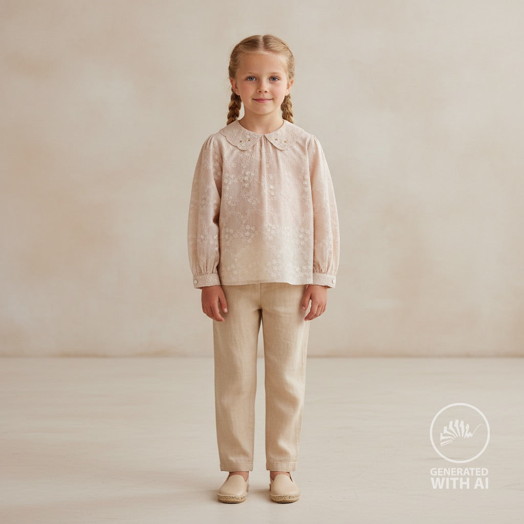 Engelsk Blonde Bomull - Blomster brodert sand