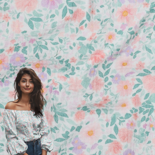 Musselin - Hvit med pastell blomster