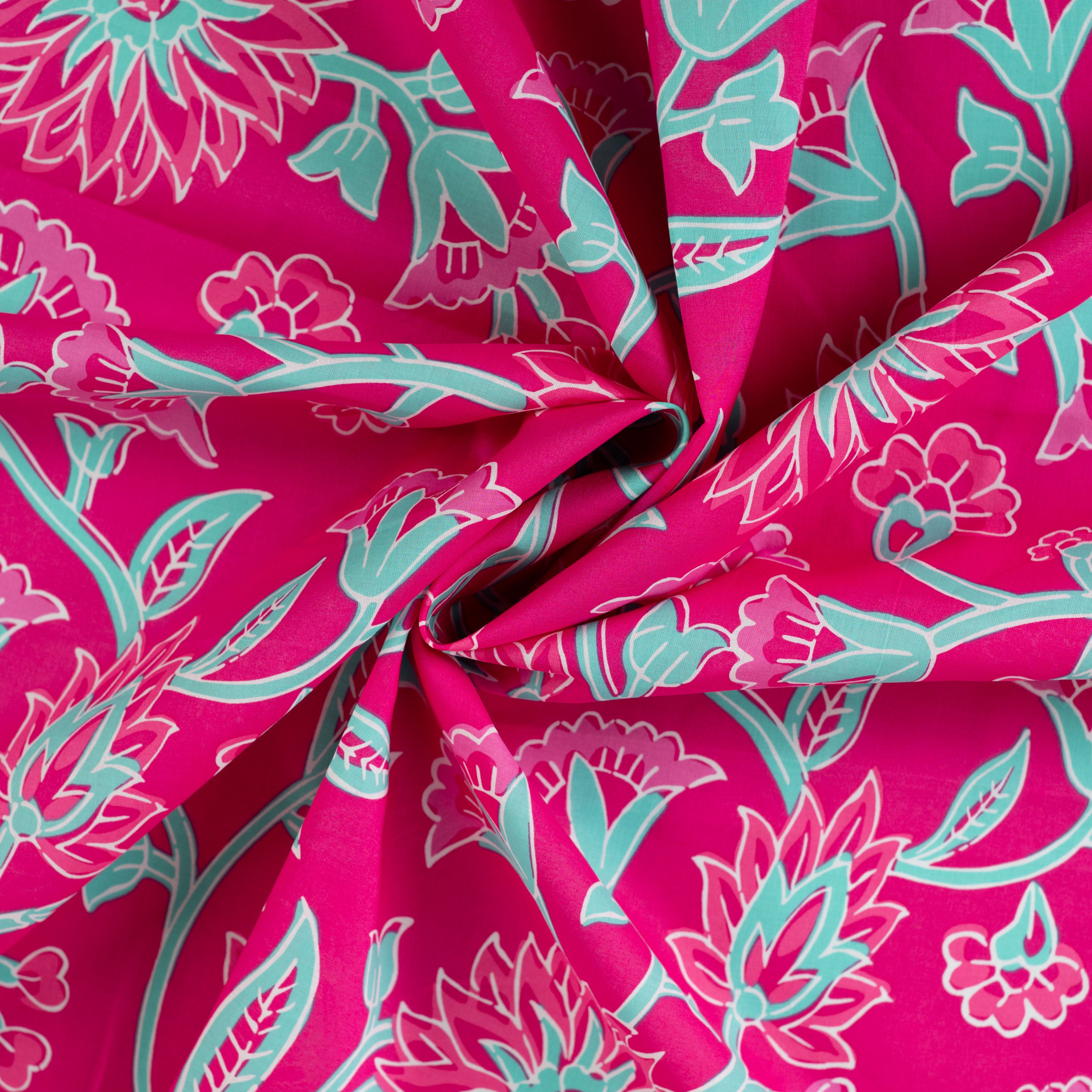 Poplin Bomull - Blomster Fuksia