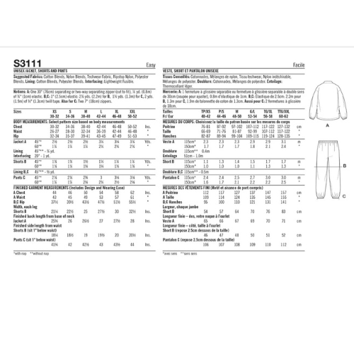 SIMPLICITY - MS 3111-A Unisex jakke, shorts, og bukse