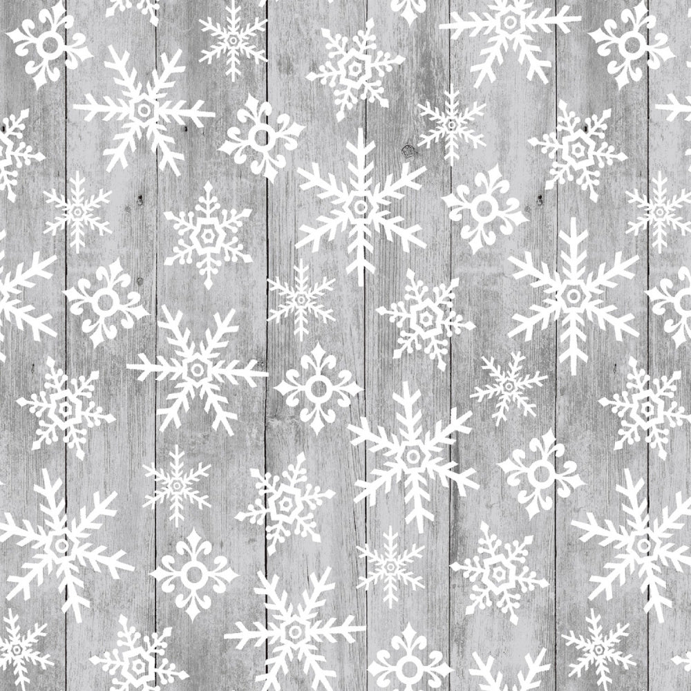 bomullstoff Grey Tossed Snowflakes on Wood 