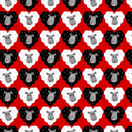 Bomullstoff Red I Love Ewe Sau rød