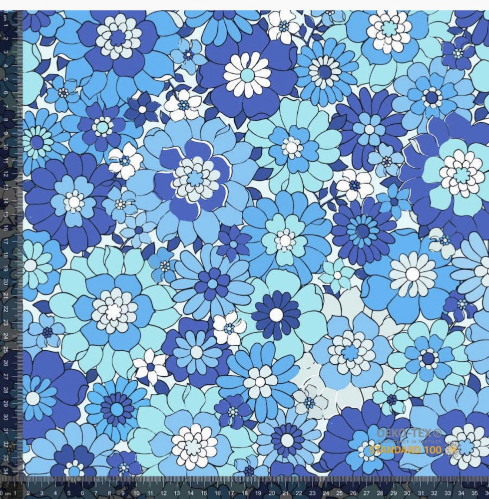 Bomullsjersey Stilig Retro Blomster blå