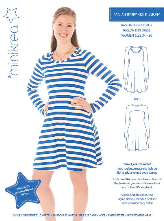 MiniKrea 70044 Snittmønster Raglan Jersey Kjole str. 34-50